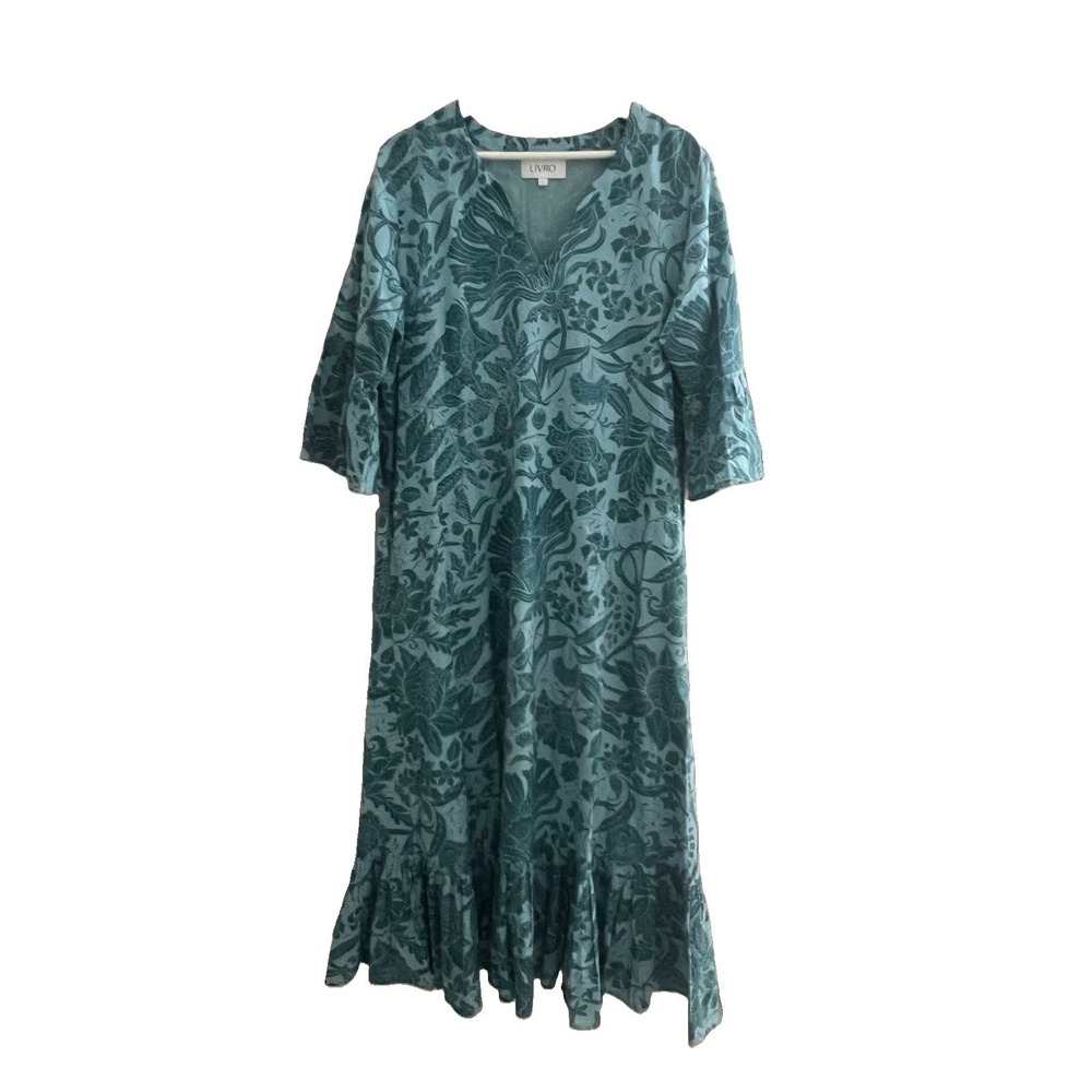 LIVRO Maxi Sundress Boho Floral Print Lined 3/4 Sleeve V Neck Cottage Women's L